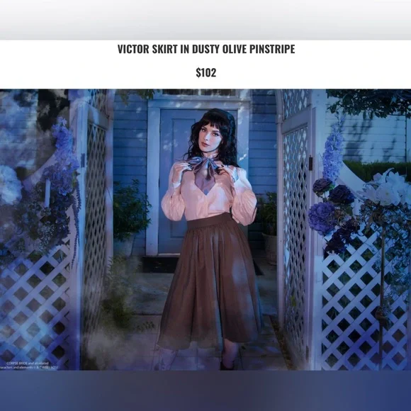 NWT La Femme En Noir Victor skirt SzXS,olive pinstripe,TimBurton,Corpse Bride - Picture 3 of 10